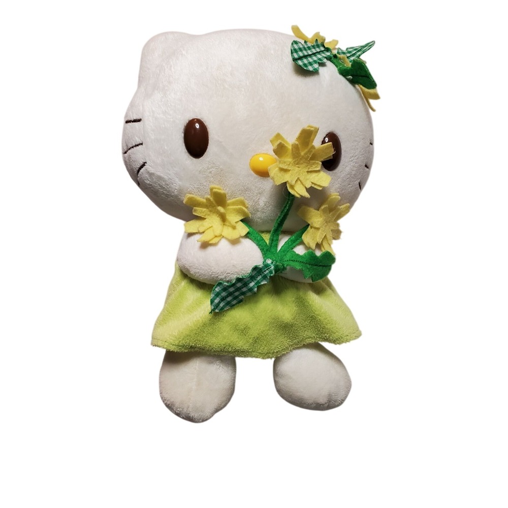 Sanrio Hello Kitty Plush Spring Flower Bouquet Green Gingham Dress Collectible